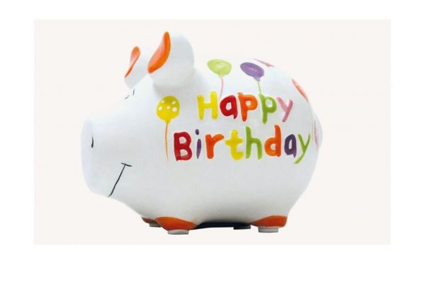 Wurm Spardose KCG Kleinschwein - Happy Birthday - aus Keramik (B/H/T) 12,5x9x9cm