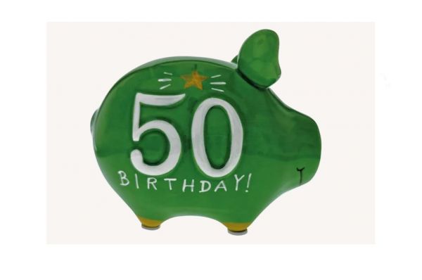 Wurm Spardose KCG Kleinschwein - 50 Birthday - aus Keramik (B/H/T) 12,5x9x9cm