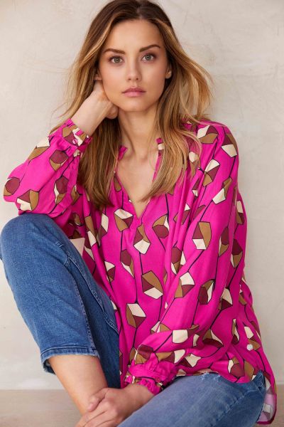 MILANO ITALY Damen Bluse mit Kragen - Pink Print